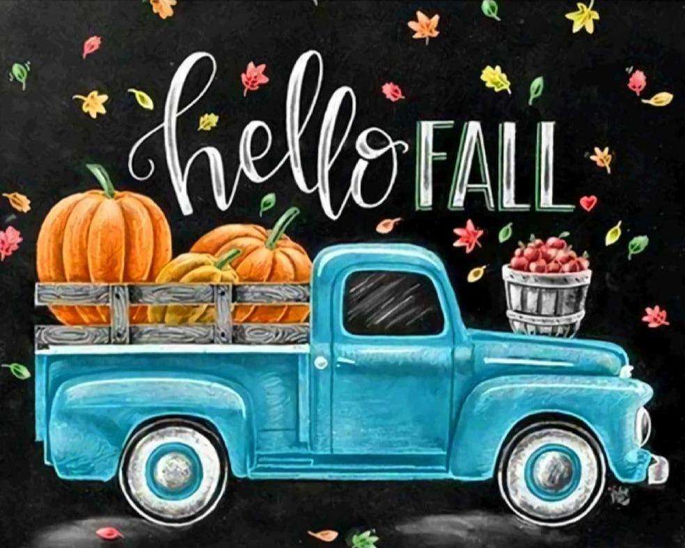 Hello Fall Truck Diamond Painting mit Kürbissen und Herbstlaub