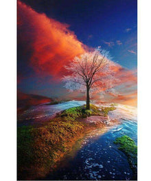 Herbstbaum Diamond Painting mit blau-orangem Himmel