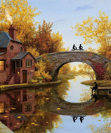 Herbsthaus am Fluss Diamond Painting mit Brücke und Spiegelung