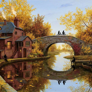 Herbsthaus am Fluss Diamond Painting mit Brücke und Spiegelung