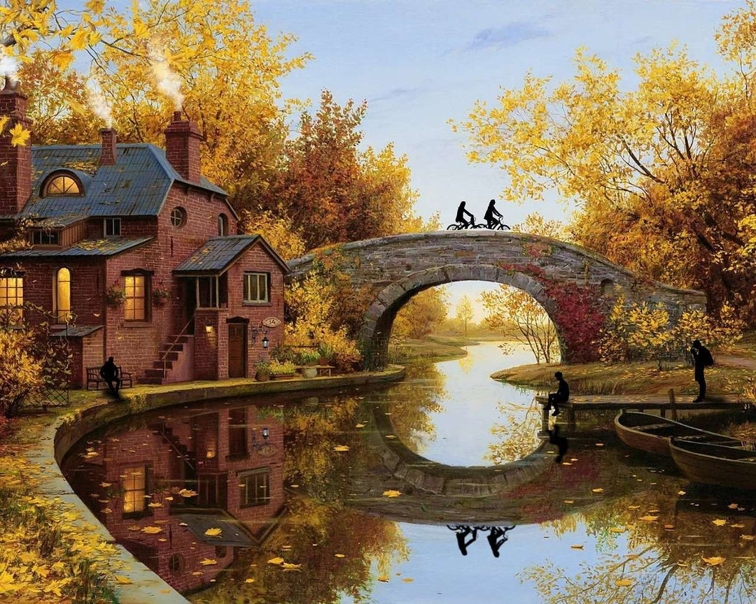 Herbsthaus am Fluss Diamond Painting mit Brücke und Spiegelung