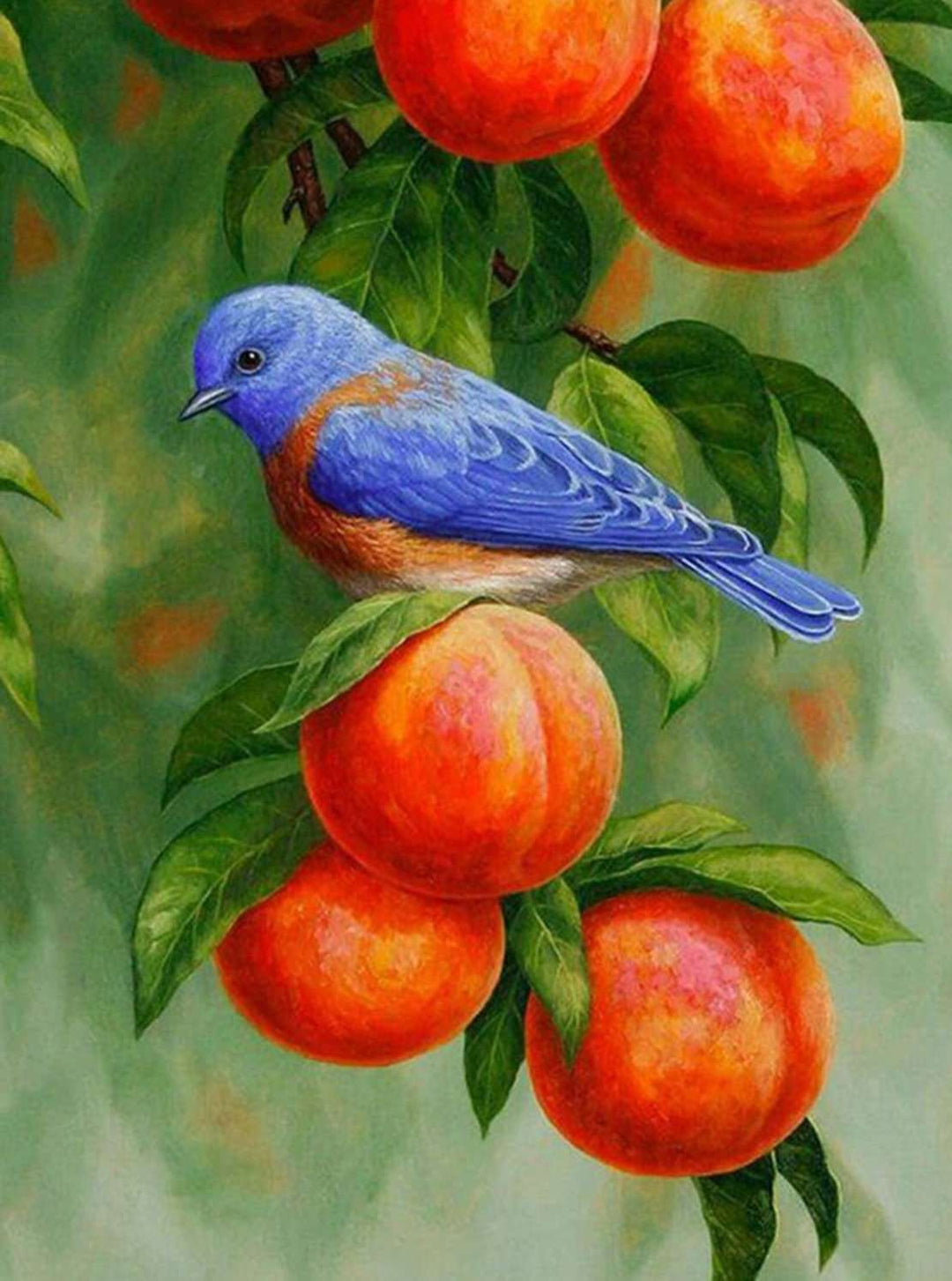 Blauer Herbstvogel Diamond Painting mit orangefarbenen Früchten