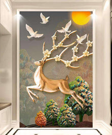 Springender Hirsch Diamond Painting Großformat mit Vögeln