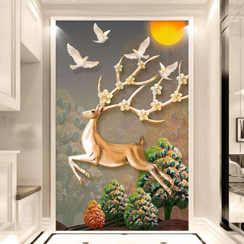 Springender Hirsch Diamond Painting Großformat mit Vögeln