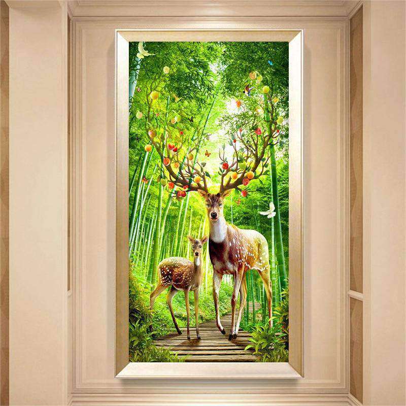 Hirsch im grünen Wald Diamond Painting im Großformat