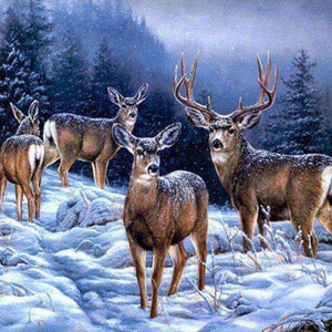 Hirsche im Schnee Diamond Painting mit Winterwald