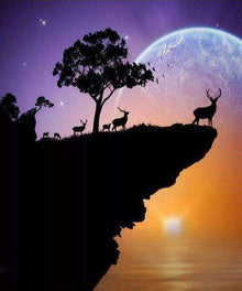Hirsch auf Klippe Diamond Painting mit Mond und Baum