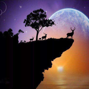 Hirsch auf Klippe Diamond Painting mit Mond und Baum