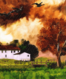 Bauernhof im Sturm Diamond Painting mit dramatischem Himmel
