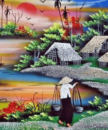 Bauernleben in Asien Diamond Painting mit Hütten und Wasser