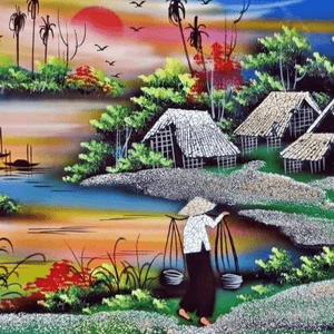 Bauernleben in Asien Diamond Painting mit Hütten und Wasser