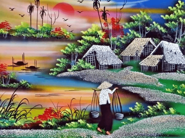 Bauernleben in Asien Diamond Painting mit Hütten und Wasser