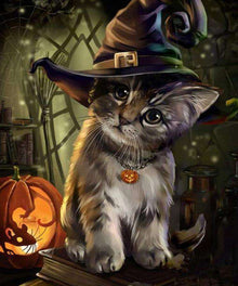 Halloween Kätzchen Diamond Painting mit Hexenhut