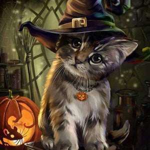 Halloween Kätzchen Diamond Painting mit Hexenhut