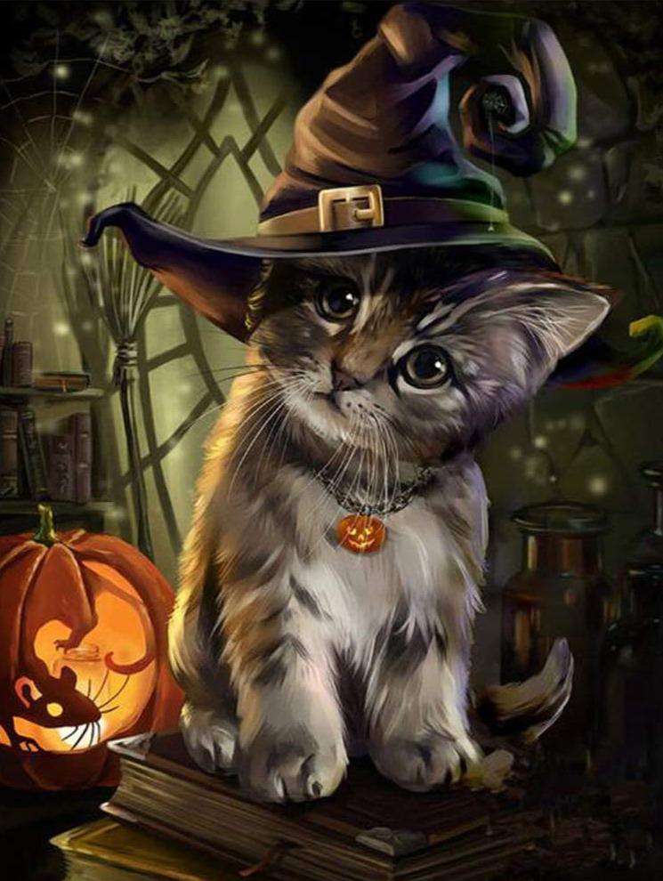 Halloween Kätzchen Diamond Painting mit Hexenhut