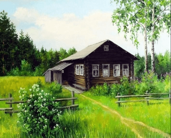 Haus im Feld Diamond Painting mit Holzhaus und Wiese