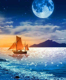 Schiff bei Vollmond Diamond Painting mit Segelboot auf dem Meer