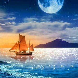 Schiff bei Vollmond Diamond Painting mit Segelboot auf dem Meer