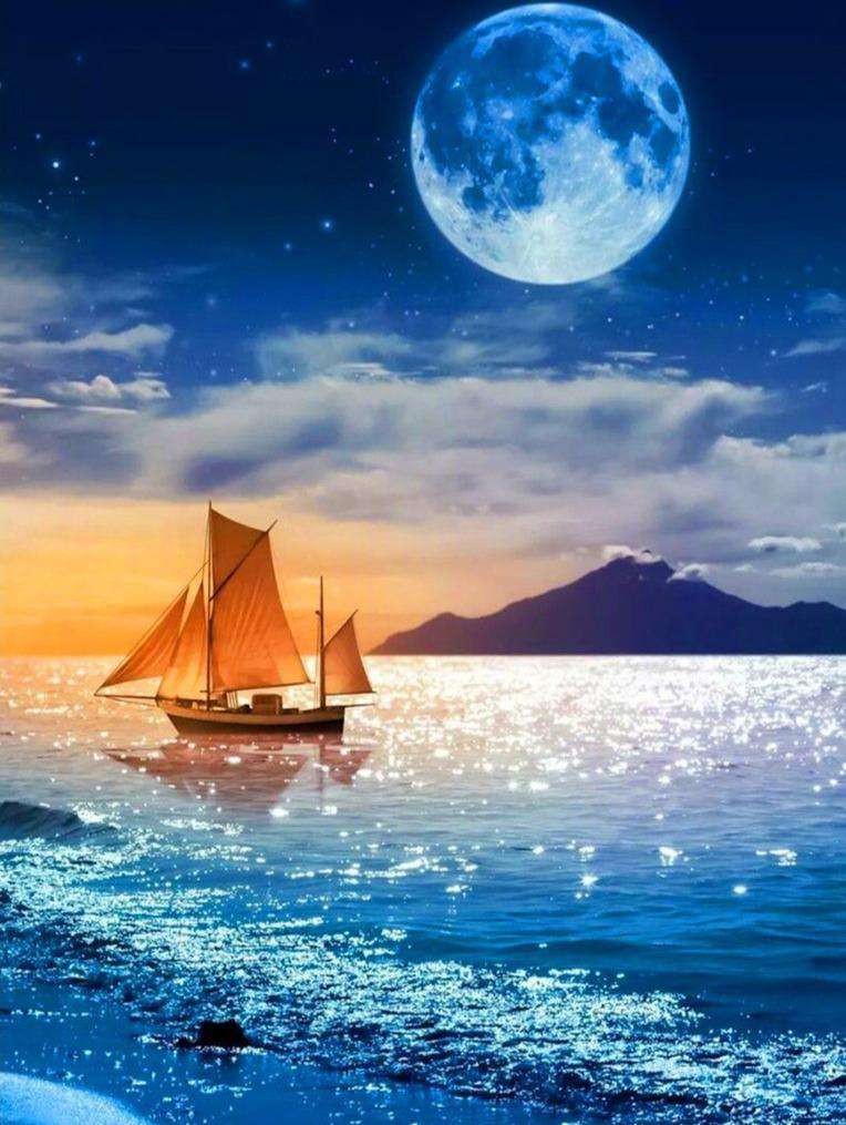 Schiff bei Vollmond Diamond Painting mit Segelboot auf dem Meer
