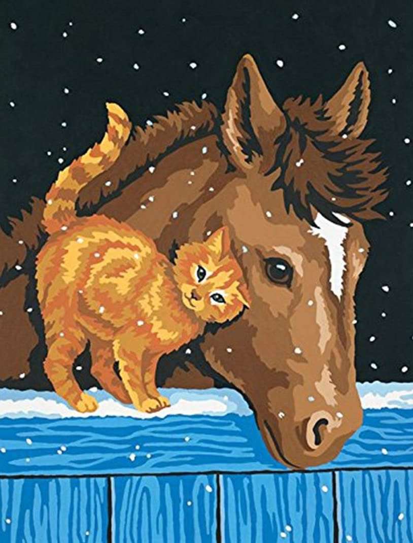 Fohlen und Katze Diamond Painting im Schnee