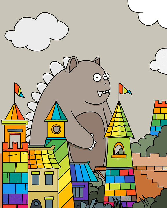 Freundliches Monster Diamond Painting mit bunter Stadt