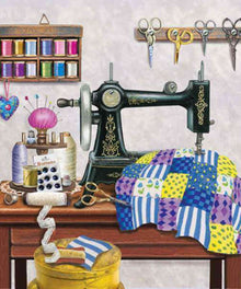 Nähatelier Diamond Painting mit Nähmaschine und Stoffen