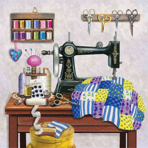Nähatelier Diamond Painting mit Nähmaschine und Stoffen