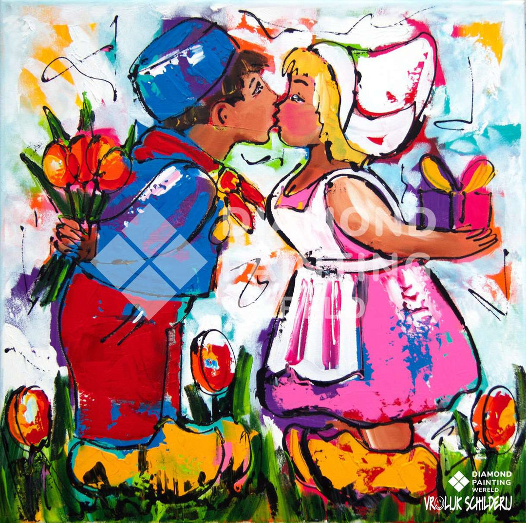 Niederländisches Paar Diamond Painting mit Kuss und Blumen