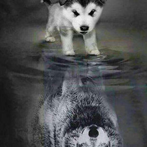 Hund Wolf Reflexion Diamond Painting mit Wasserspiegelung