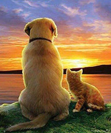 Hund und Katze Sonnenuntergang Diamond Painting am See