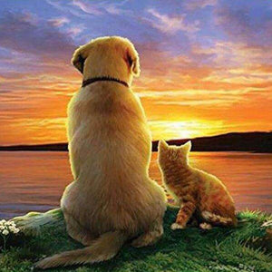Hund und Katze Sonnenuntergang Diamond Painting am See