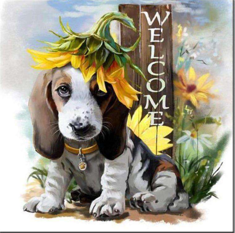Hund mit Sonnenblume Diamond Painting