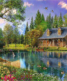 Hütte im Wald Diamond Painting mit See und Boot