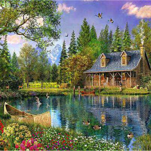 Hütte im Wald Diamond Painting mit See und Boot