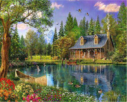 Hütte im Wald Diamond Painting mit See und Boot