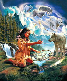 Frau mit Wölfen Diamond Painting Wasserfall und Wald