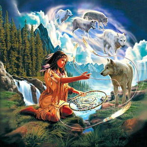 Frau mit Wölfen Diamond Painting Wasserfall und Wald