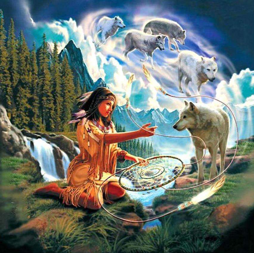 Frau mit Wölfen Diamond Painting Wasserfall und Wald