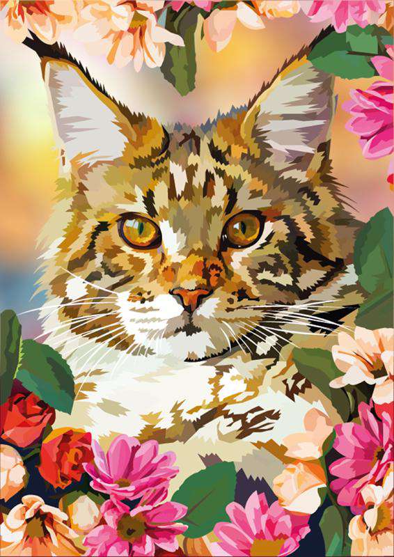 Katze mit Blumen Diamond Painting Blütenmotiv