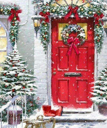 Rote Tür im Weihnachtsschnee Diamond Painting