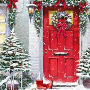 Rote Tür im Weihnachtsschnee Diamond Painting