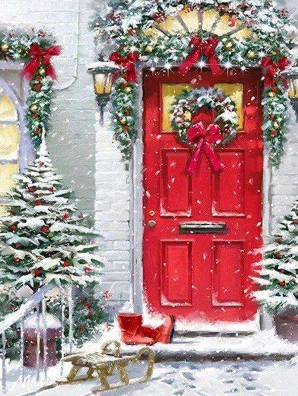 Rote Tür im Weihnachtsschnee Diamond Painting