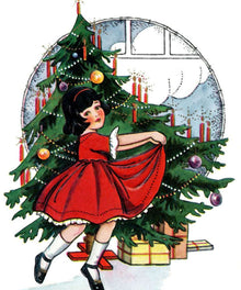 Weihnachtsmädchen Diamond Painting mit rotem Kleid und Baum