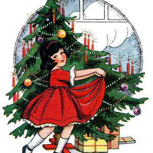 Weihnachtsmädchen Diamond Painting mit rotem Kleid und Baum