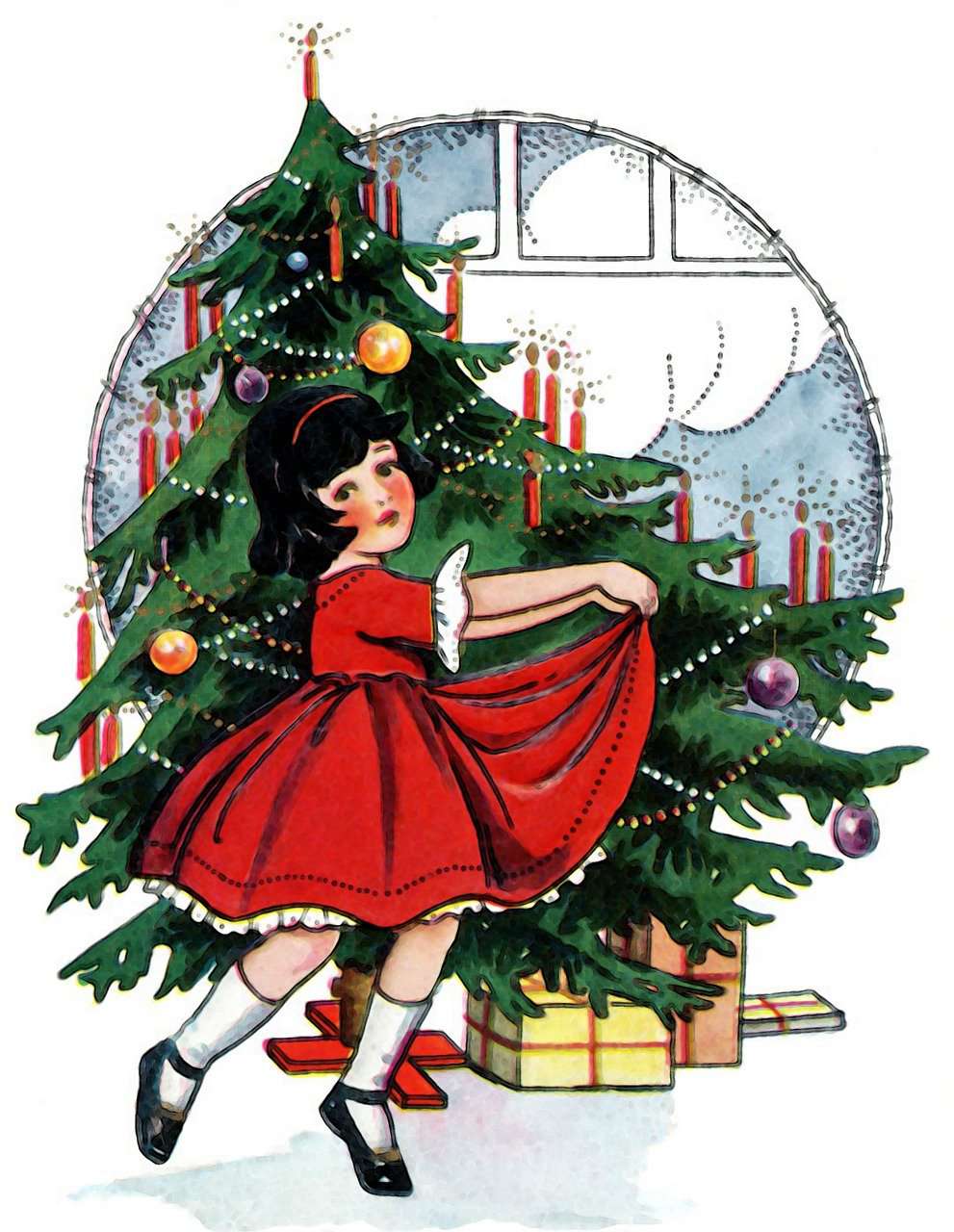 Weihnachtsmädchen Diamond Painting mit rotem Kleid und Baum