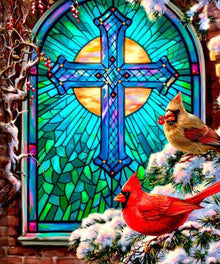 Weihnachtsfenster mit Vögeln Diamond Painting Fenstermotiv