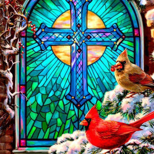 Weihnachtsfenster mit Vögeln Diamond Painting Fenstermotiv
