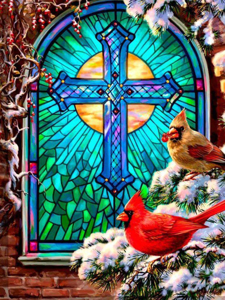 Weihnachtsfenster mit Vögeln Diamond Painting Fenstermotiv