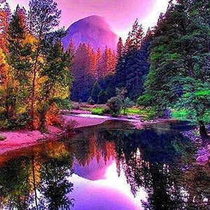 Bunter Wald mit See Diamond Painting