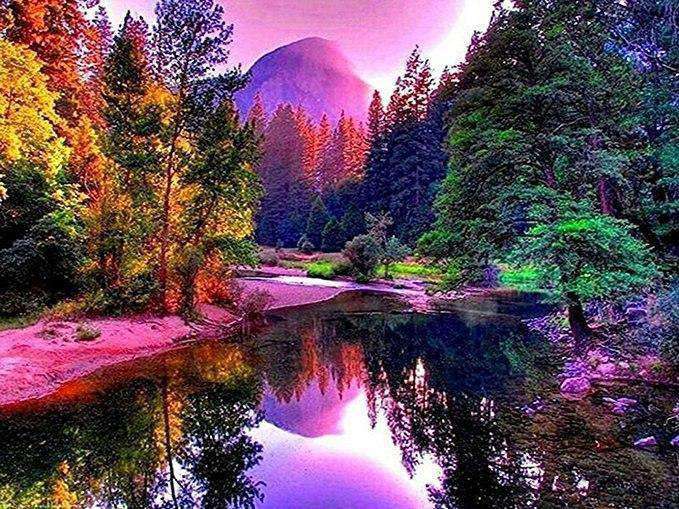 Bunter Wald mit See Diamond Painting